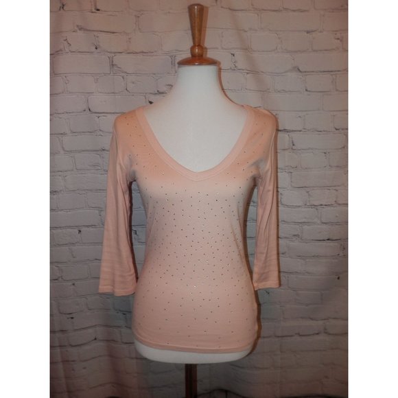 Knit Top Small Solid Light Pink Vneck Rhinestones - Picture 1 of 4